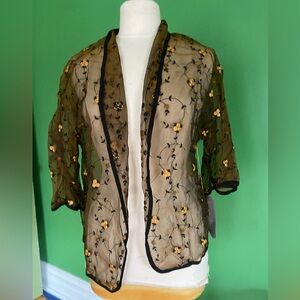 NWT Yolanda Lorente Floral Sheer organza open Jacket - Black and Gold